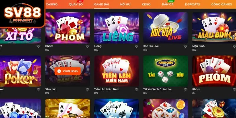 Sự đa dạng về trò chơi tại game bài SV88